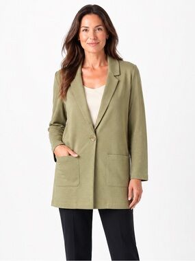 Garnet Hill Size 12 Olive Green Ponte Knit Longline Blazer Jacket NWT Coastal